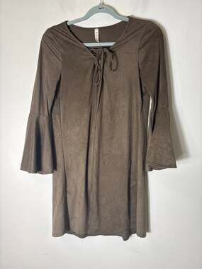 MTS Brown Long Bell Sleeve Knee Length Faux Suede Dress Sz S